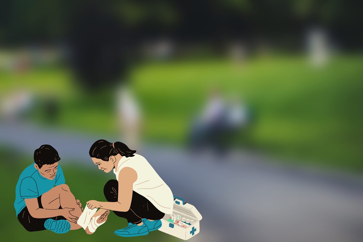 다친 부위를 처치하는 모습